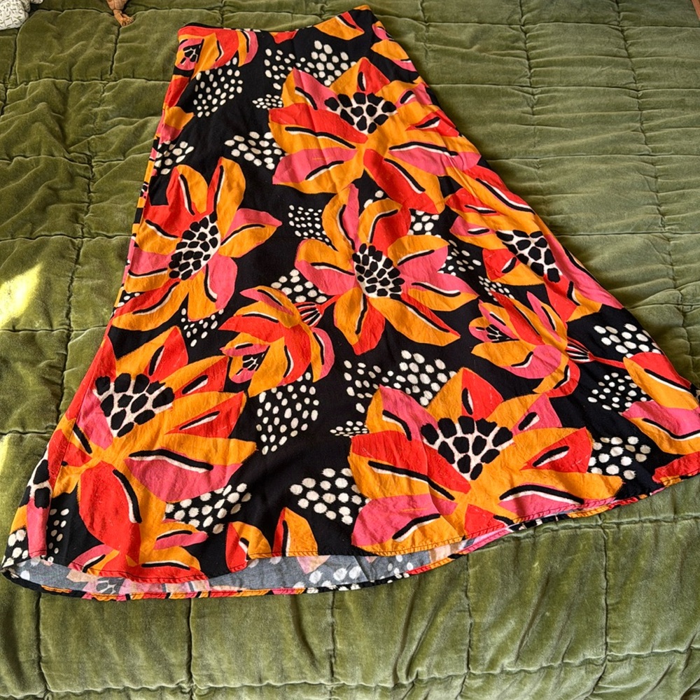 Farm Rio x Anthropologie light satin slip midi floral skirt